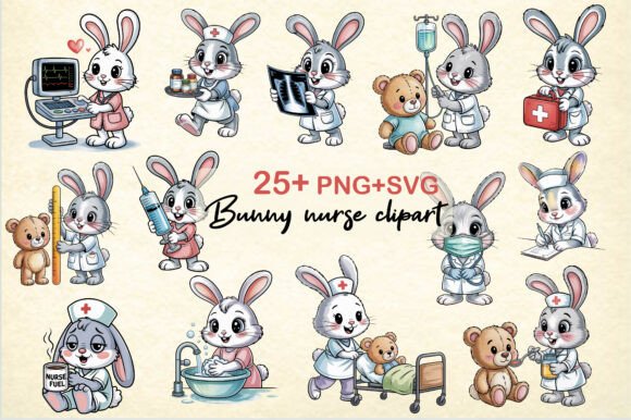 Cute Bunny Nurse Clipart Bundle PNG SVG